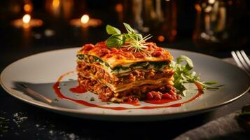 Foto von vegan Lasagne wie ein Gericht im ein hochwertig Restaurant. generativ ai