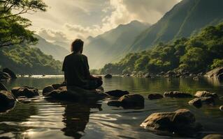 ai generativ ein Mann üben Achtsamkeit und Meditation im ein friedlich natürlich Umgebung Sony a7s realistisch Bild, Ultra hd, hoch Design sehr detailliert foto