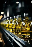 industriell Förderer Gürtel mit Olive Öl Flaschen modern Verpackung Prozess Hintergrund mit leeren Raum zum Text foto