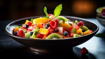 Foto von tropisch Obst Salat mit Limette-Minze Dressing wie ein Gericht im ein hochwertig Restaurant. generativ ai