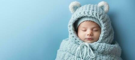 Neugeborene im voll gestrickt gemütlich Kostüm isoliert auf Pastell- Hintergrund mit ein Platz zum Text foto