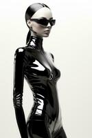 kybernetisch Mode Modell- im glatt einfarbig Outfit isoliert auf ein futuristisch Gradient Hintergrund foto