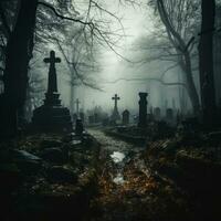 ein Spuk Friedhof Szene taucht auf von das Nebel wie Grabsteine Stand Wächter inmitten das unheimlich Düsternis foto