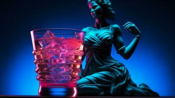 Antiquität Statue im Neon- Licht mit Cocktail modern Konzept Hintergrund mit ein Kopieren Raum foto