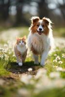 ein flauschige Katze und ein glücklich Hund Bummel durch ein sonnig Frühling Wiese foto