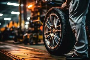 Auto Mechanik Ändern ein Reifen im ein Auto Reparatur Geschäft foto