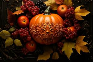 ein beschwingt Orange Kürbis umgeben durch wunderlich Herbst Blätter Darstellen das Freude und Verzauberung von Ernte Feierlichkeiten foto