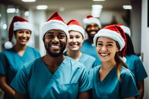 Mannschaft von Krankenschwestern im ein Krankenhaus auf Weihnachten Foto im Santa Hut