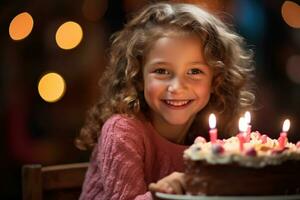 ein Mädchen halten ein Geburtstag Kuchen mit mehrere Kerzen auf Bokeh Stil Hintergrund foto