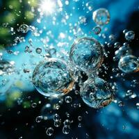 Luftblasen Sprengung im ein Brausetabletten tanzen inmitten ein Kristall klar Flüssigkeit foto