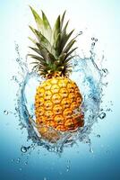 Ananas Stürze in Wasser Erstellen Spritzen auf Weiß Hintergrund mit Kristall Tropfen im ai generativ Illustration foto