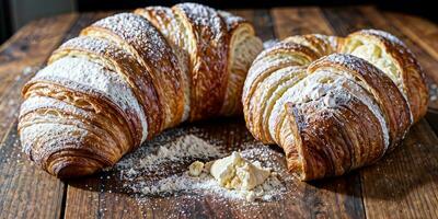 ai generativ. Kontrast und Genuss, zart Französisch Croissants auf schwarz Holz, gekrönt mit ein Süss streuen von Zucker foto