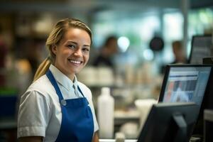 weiblich Kassierer lächelnd beim das Supermarkt foto