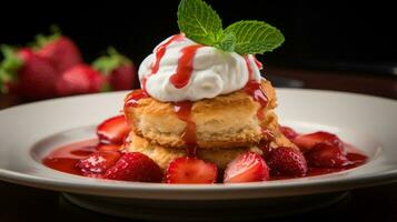 Foto von Erdbeere Shortcake wie ein Gericht im ein hochwertig Restaurant. generativ ai