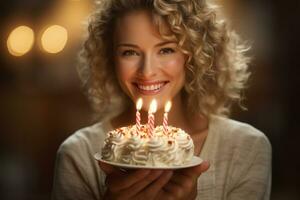 ein Frau halten ein Geburtstag Kuchen mit mehrere Kerzen auf Bokeh Stil Hintergrund foto