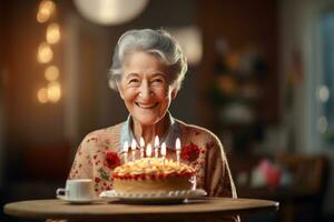 ein Alten Frau halten ein Geburtstag Kuchen mit mehrere Kerzen auf Bokeh Stil Hintergrund foto