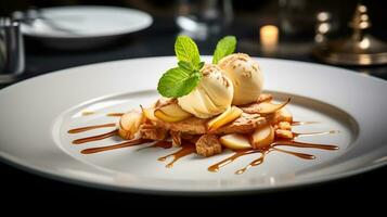 Foto von Apfel Kuchen wie ein Gericht im ein hochwertig Restaurant. generativ ai