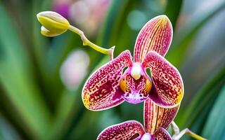 botanisch Wunder, ein faszinierend Nahansicht von das zart Blütenblätter von ein Selten und exotisch Orchidee. ai generiert foto