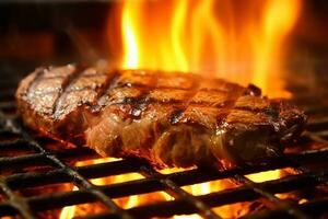 Fleisch Rindfleisch Steak gegrillt auf Feuer, Essen Grill und heiß Grill, generativ ai foto