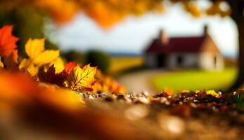 abstrakt Herbst Szene und Englisch Land Stil Haus Dorf auf Hintergrund, schön Landschaft Natur mit herbstlich Blätter und Bokeh, generativ ai foto