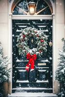 Weihnachten Urlaub, Land Hütte und schneit Winter, Kranz Dekoration auf ein Tür, fröhlich Weihnachten und glücklich Ferien wünscht sich, generativ ai foto