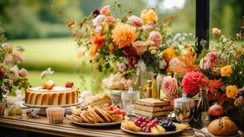 herbstlich Dessert Buffet Tisch, Veranstaltung Essen Gastronomie zum Hochzeit, Party und Urlaub Feier, Kuchen, Süßigkeiten und Nachspeisen im Herbst Garten, generativ ai foto