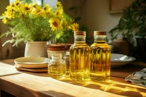 hölzern Tabelle im ein Zuhause Speisekammer geschmückt mit Küche Utensilien und Sonnenblume Öl ai generiert foto