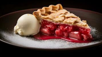 Foto von Rhabarber Kuchen wie ein Gericht im ein hochwertig Restaurant. generativ ai