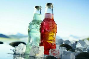 erfrischend Wasser Flasche oben auf Eis, mit ein cool Blau Hintergrund ai generiert foto