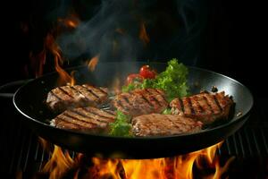 Brennen oben Geschmack Rindfleisch Schnitzel brutzeln im Wok Pfanne, Rauch steigt an gegen schwarz ai generiert foto