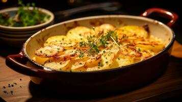Foto von Kartoffeln au Gratin wie ein Gericht im ein hochwertig Restaurant. generativ ai