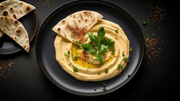 Foto von Pita-Brot und Hummus wie ein Gericht im ein hochwertig Restaurant. generativ ai