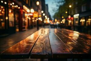 dynamisch Kontrast hölzern Tabelle mit verschwommen Bokeh Nacht Straße Hintergrund beschwingt Ambiente ai generiert foto