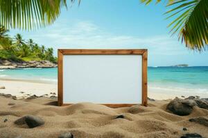 Küsten Flucht leer Tafel inmitten Palme Bäume, sandig Strand, und still Ozean ai generiert foto