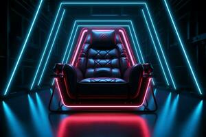 dunkel Zimmer Mystik ein einsam Stuhl beleuchtet durch Neon- Beleuchtung ai generiert foto