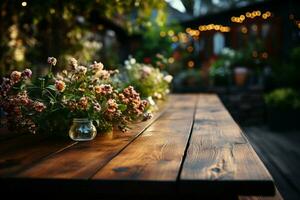 unbesetzt hölzern Tisch, Garten Party Hintergrund leise verschwommen festlich Atmosphäre gekapselt ai generiert foto