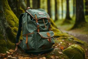 ein Wandern Rucksack ruht durch ein Baum, verkörpern das Wald Abenteuer ai generiert foto