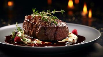 Foto von Rindfleisch Filet mit rot Wein Soße wie ein Gericht im ein hochwertig Restaurant. generativ ai