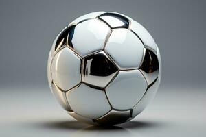 Eleganz im Einfachheit, Silber Fußball Ball ruht auf ein sauber Weiß Hintergrund ai generiert foto