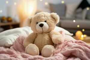 ein Sanft Weiß Teddy Bär sitzt oben auf ein gemütlich Merino Decke auf ein Bett ai generiert foto