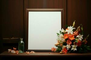 glänzend Tischplatte Vitrinen ein leeren Rahmen neben ein beschwingt Blumen- Anordnung ai generiert foto