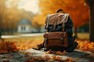 Rucksack und Zubehör, kunstvoll generiert im ai, einstellen gegen Herbst Natur ai generiert foto