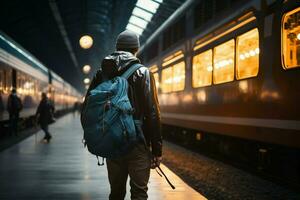 ein Rucksacktouristen Reisender Spaziergänge allein durch das geschäftig Zug Bahnhof Umgebung ai generiert foto