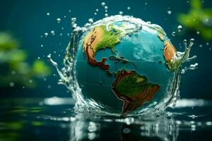 Erde taucht auf wie ein Globus innerhalb transparent Wasser, akzentuiert durch anmutig spritzt ai generiert foto