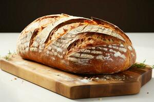 rustikal Sauerteig Brot auf ein sauber, hell Weiß Hintergrund ai generiert foto