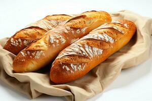 Französisch Baguettes elegant angezeigt auf ein knackig, Weiß Hintergrund ai generiert foto