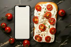 oben Aussicht Sahne Käse und Tomate Sandwich unter ein leer Telefon kreativ Paarung ai generiert foto