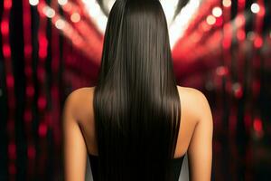 glatt locken lang, Gerade schwarz Haar verbessert Frauen elegant zurück Aussicht ai generiert foto