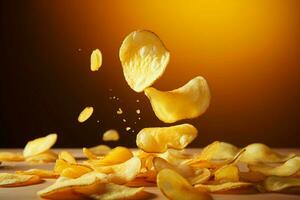 schnell Essen Magie Kartoffel Chips schweben gegen Gelb Hintergrund, ein zauberhaft kulinarisch Prozess ai generiert foto
