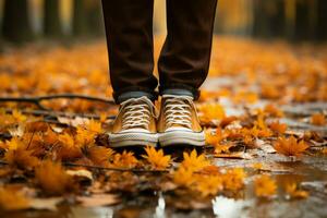 romantisch Paare Füße verschlungen inmitten Herbst Blätter, verkörpern ein modisch Liebe Geschichte ai generiert foto